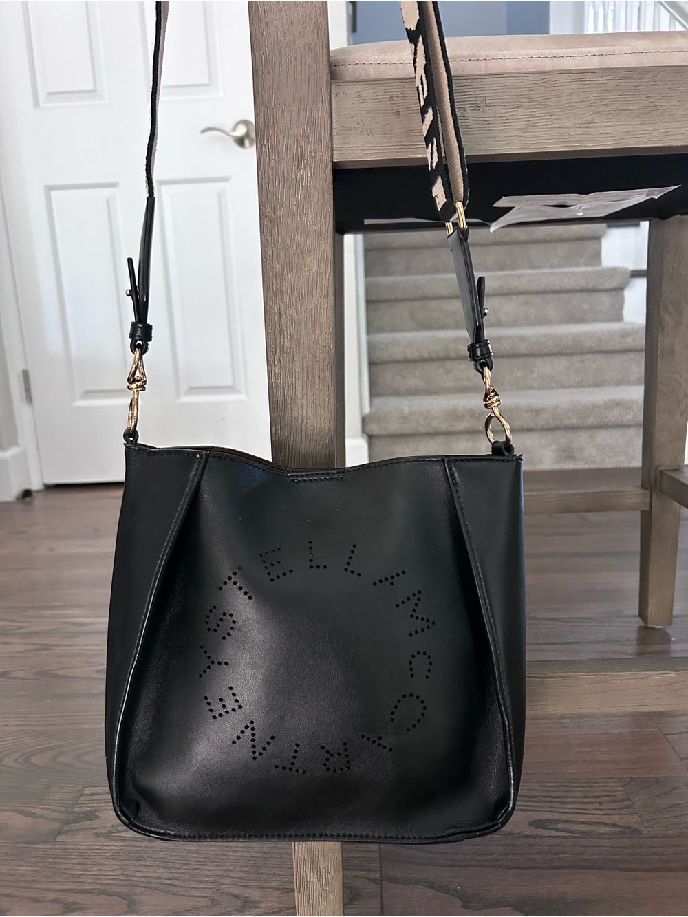 Stella McCartney Black Perforated Logo Tote Shoulder Bag with Patterned Strap
